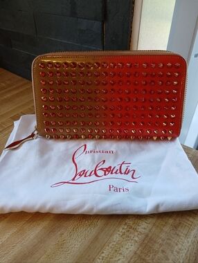 Christian Louboutin EUC Red/Orange Ombre Spiked Pannetone Wallet & Dustbag